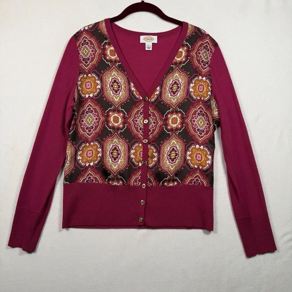 Talbots Silk Front Merino Wool Cardigan L Pink Medallion Print Button V Neck